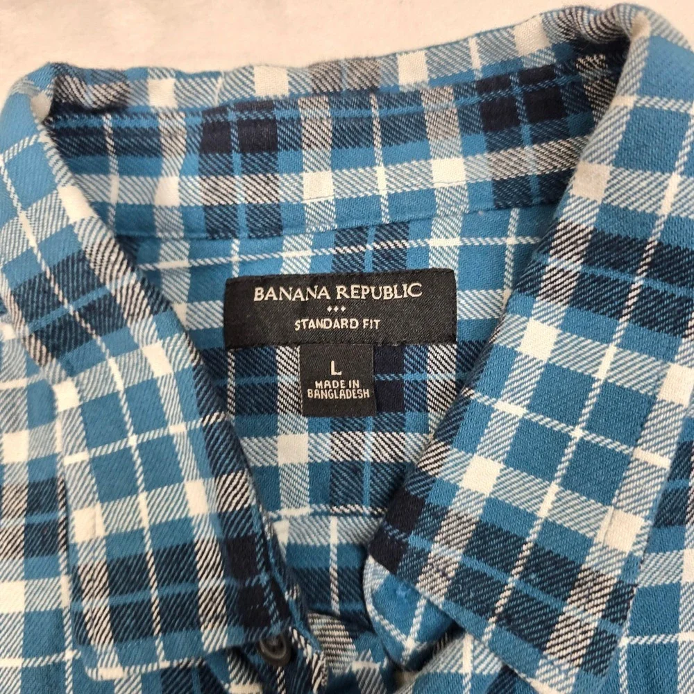 Banana Republic Flannel Shirt Mens Large Teal Plaid Long Sleeve‎ Standard Fit